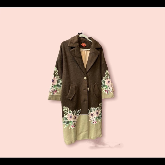 None Tops - Dark Forest Green Flower Print Wool Coat